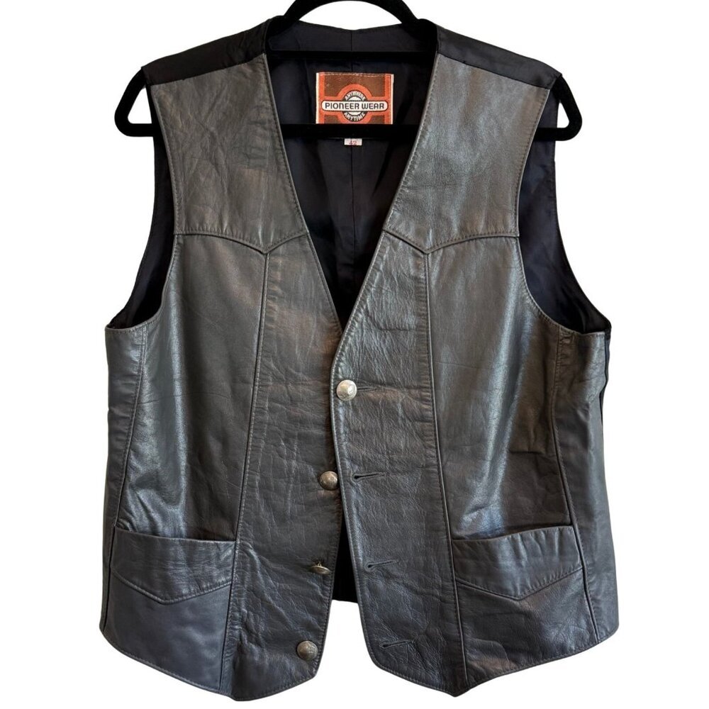 Vintage Pioneer Wear Black Mens Western Leather Vest‎